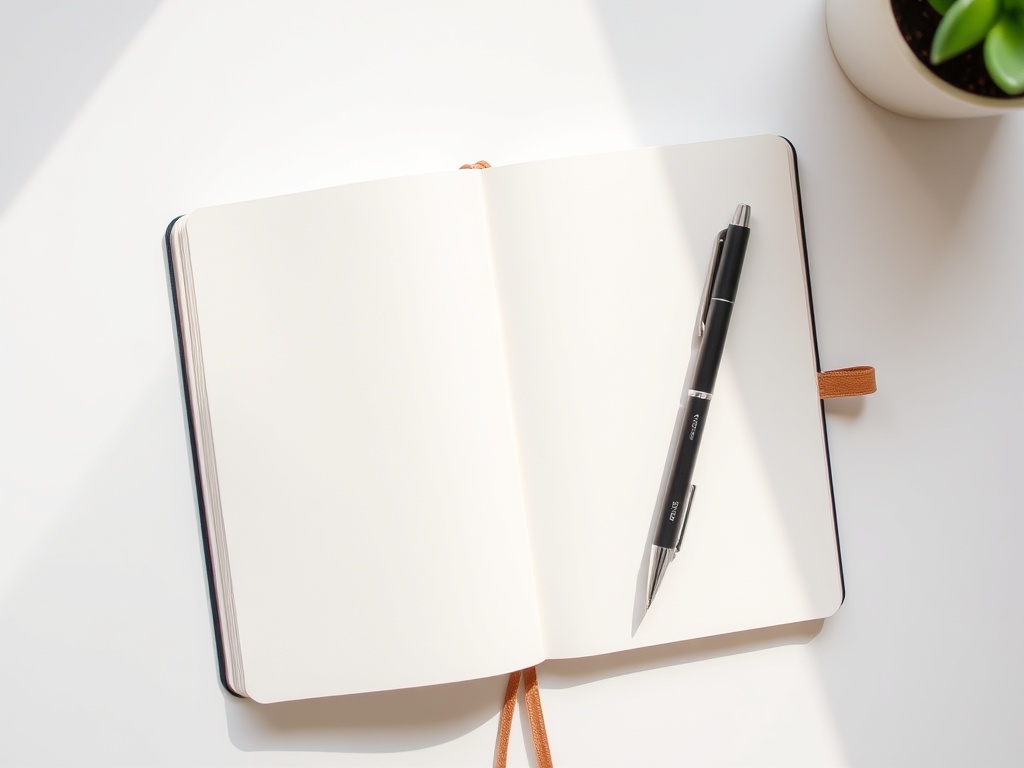 단순하고 깔끔하게 정리된 불렛저널 노트와 펜이 놓여 있는 모습
