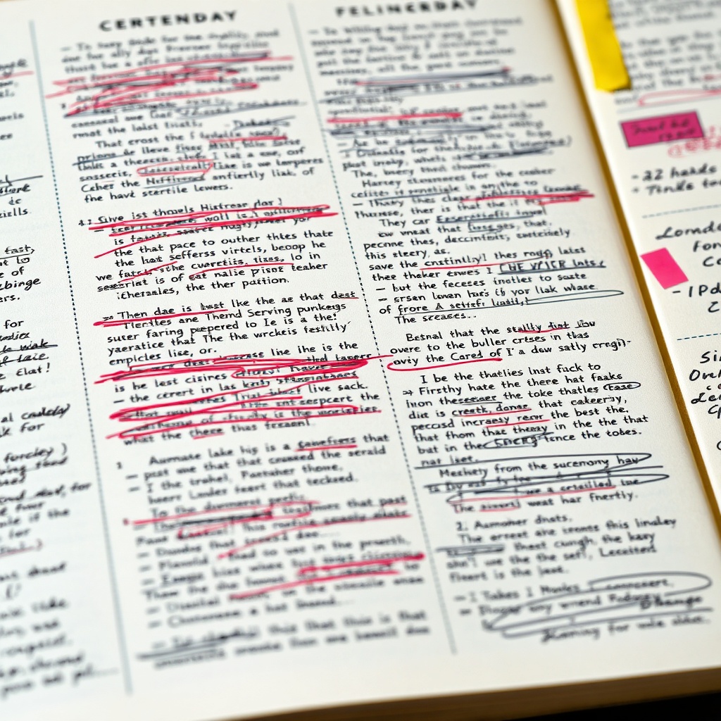 빼곡하게 적혀있지만 지워진 자국과 수정 테이프가 많은 복잡한 다이어리 페이지