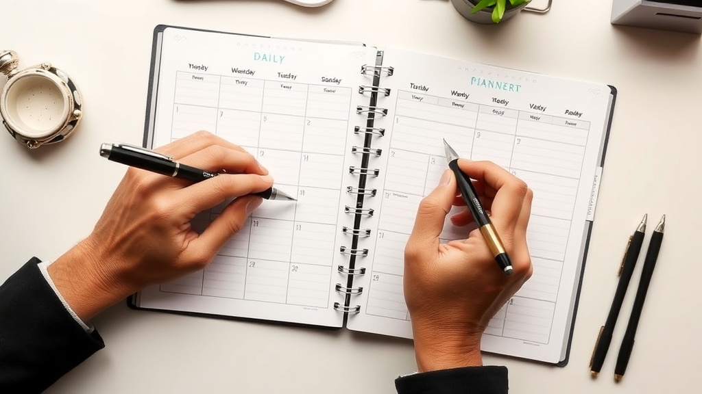 주간 계획과 일간 계획을 동시에 펼쳐두고 전략을 짜는 사람의 손