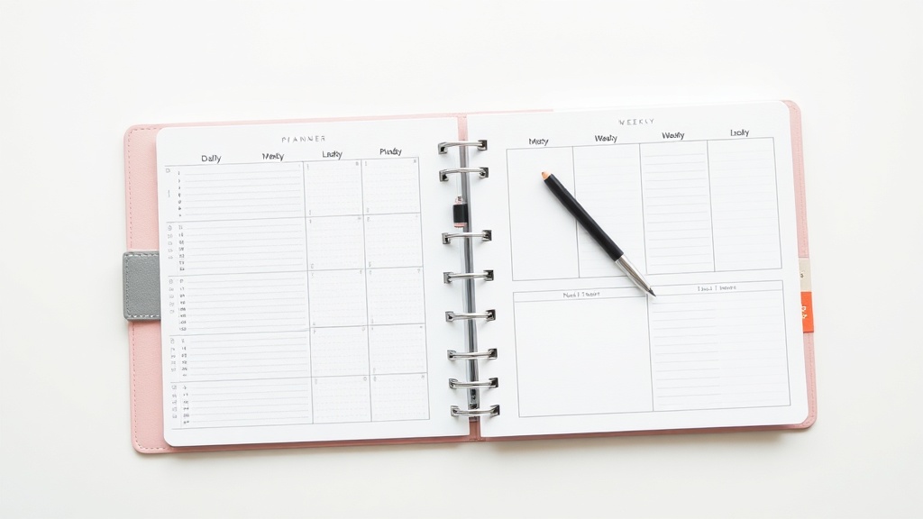 책상 위에 놓인 데일리 플래너와 위클리 플래너의 레이아웃 비교 모습